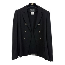 CHANEL Boutique Knit Blazer Double Breasted Sz FR 36 US 4 Black Chain Hem VTG 90