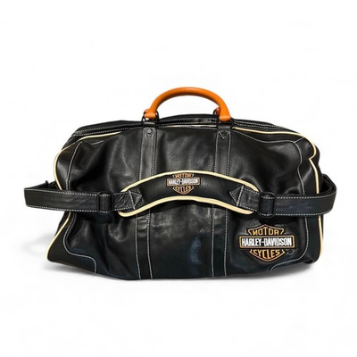#ad Harley Davidson Black Leather Duffel Travel Bag Weekender MDI HDB 1 Strap Logo $139.99