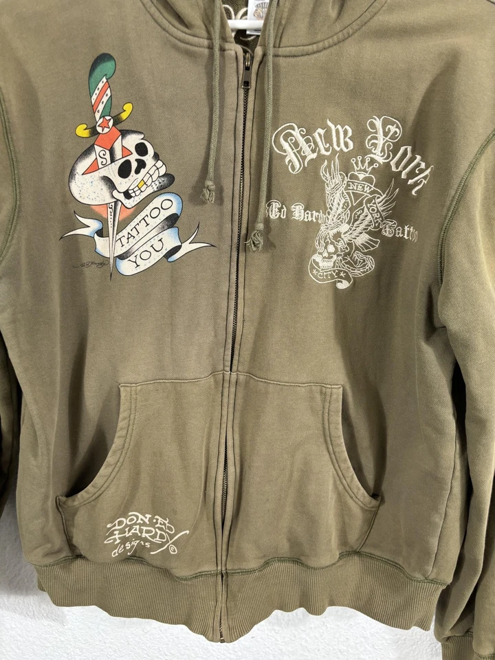 Sudadera con Capucha Ed Hardy Christian Audigier 3XL Verde Muerte Antes del Dishonor Y2K *Defectos Foto 3 de 4