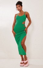 PRETTYLITTLETHING Bright Green Rib Knit Cut Out Side Maxi Dress In Size XS NWT