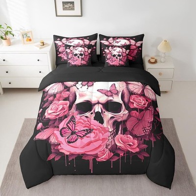 7 Piece Rose Skull Comforter Set Queen Size,Gothic Bed in A Bag for Girls Wom...