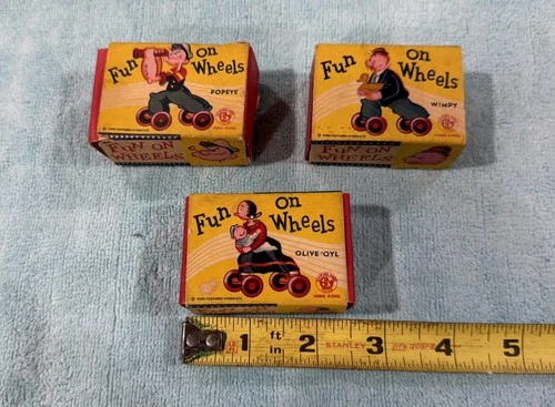 All Three Vintage 1930S Mini Fun On Wheels Toy Popeye Wimpy Olive Marx W/Box N/m