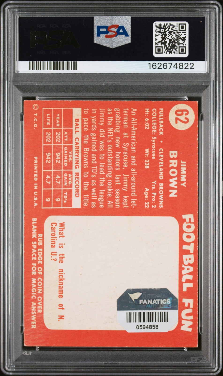 1958 TOPPS #62 JIM BROWN PSA 3 AUTO 9 view 2