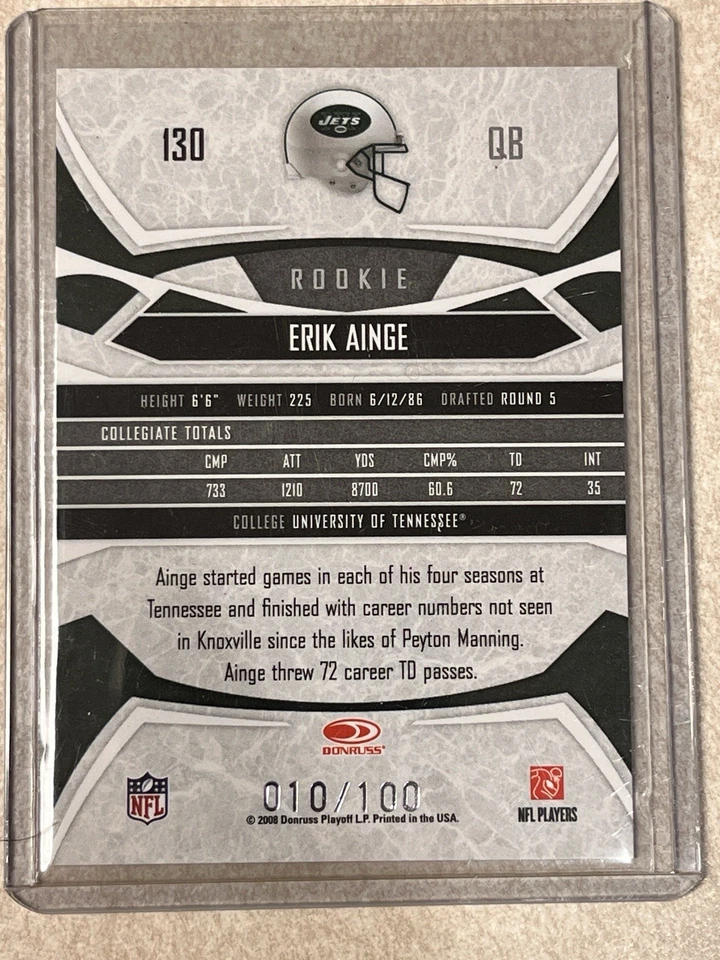 2008 Donruss Gridiron Gear Rookie Gold O's /100 Erik Ainge #130 Rookie RC - Image 2 of 2