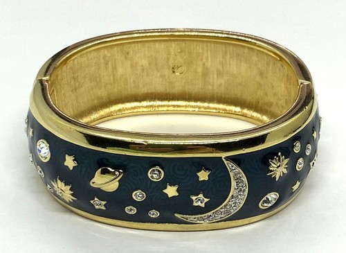 Swarovski Swan Signed Gold Blue Enamel Celestial Stars Moon Bangle Bracelet - Picture 6 of 12