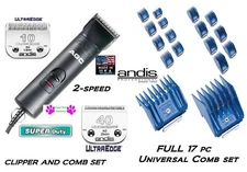 Andis AGC2 Clipper Pet Grooming KIT-10&40 ULTRAEDGE Blade,17 Guide Combs SET