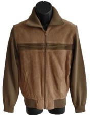 Vintage mens Sweater Cardigan Brown Suede Leather knit 70s 80s retro Jacket Med