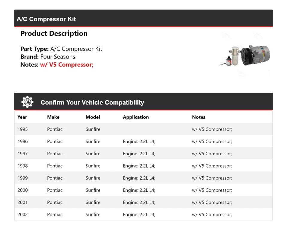 Kit compresor aire acondicionado Pontiac Sunfire 1995-2002 4 estaciones 1996 1997 1998 1999 Foto 2 de 4