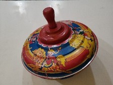 Kids Play Antique Spinning Top - VTG Metal Tin Toy - Wood Handle - 9" Diameter