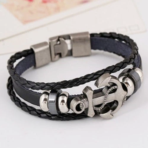 Bracciale con ANCORA Argento Cuoio intrecciato BLU in pelle Acciaio inox da Uomo