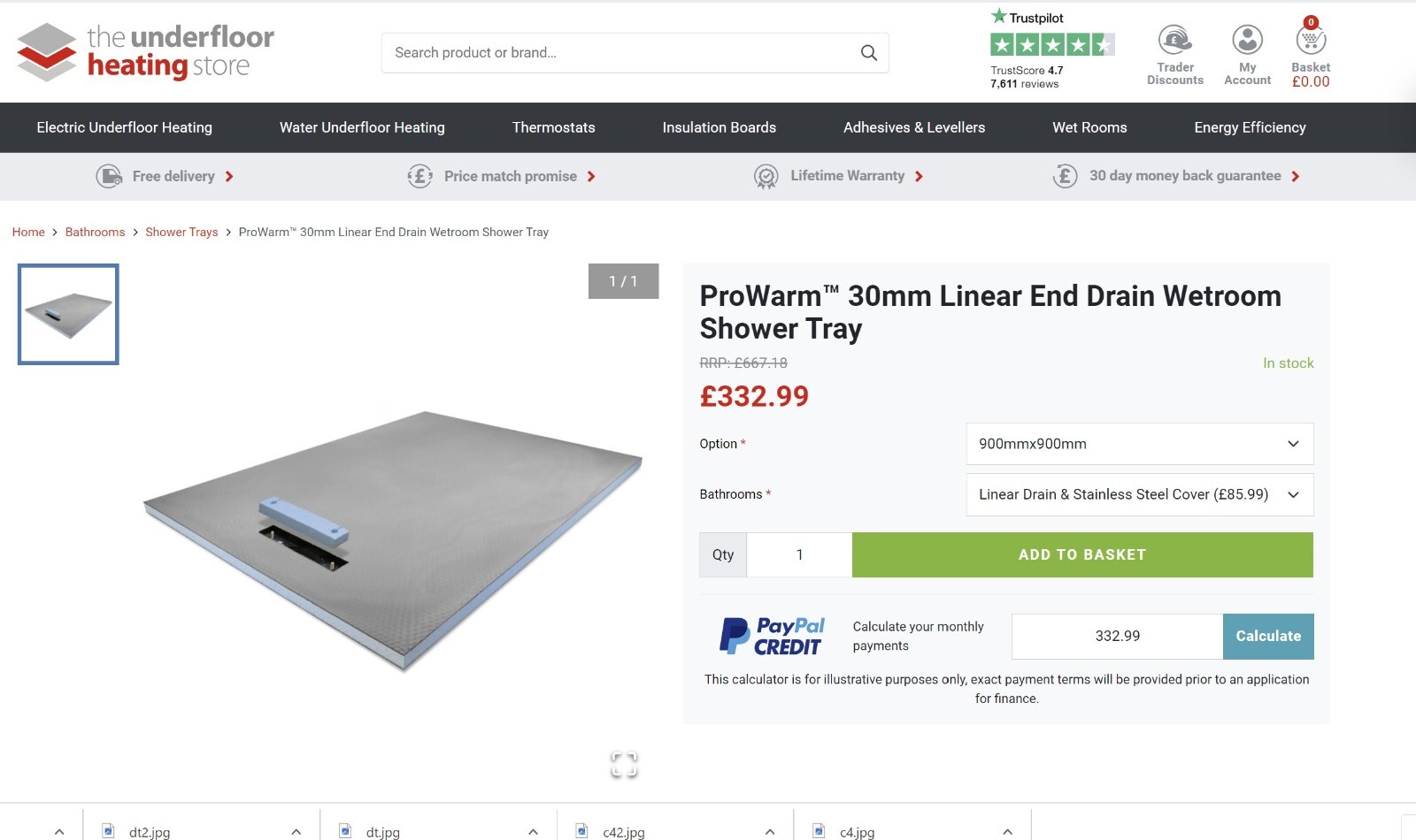 ProWarm 900x900x30mm Linear End Drain Wetroom Shower Tray + drain kit