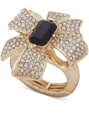 $25 Anne Klein gold tone pave & stone bow stretch   ring d6