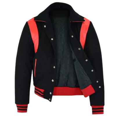   Zee Varsity Bomber Jacket   Black Wool Body with Leather Details (Men s)