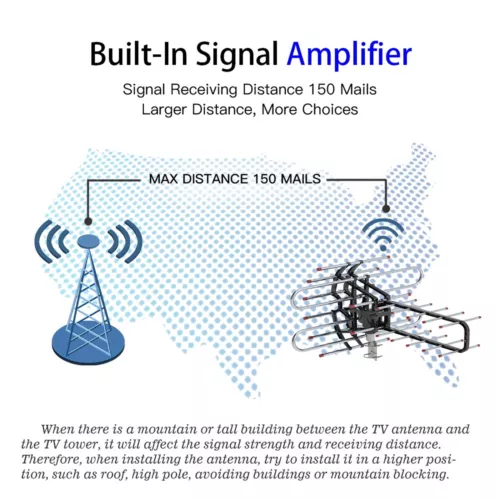 990 Miles Outdoor 1080P Amplified TV Antenna HD TV 36dB Rotor 360° UHF/VHF HDTV - Picture 6 of 12