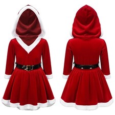 US Kids Girls Christmas Santa Cosplay Costume Xmas Velvet Hooded Dress with Belt