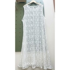 Women's Sleeveless Hollow Out Mid Long See-through Blouses Dresses Knitted White