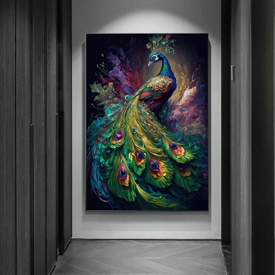 Hermoso lienzo pavo real pintura lienzo arte de pared animal póster impresión mural de pared Foto 2 de 3