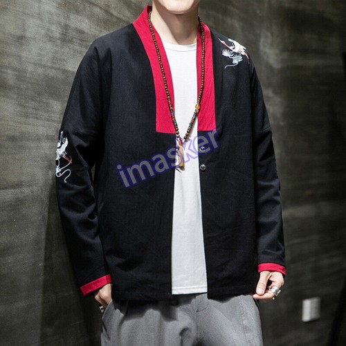 Chaqueta de hombro estilo chino para hombre grúa caída Top manga larga kimono abrigo ropa exterior - Imagen 5 de 26