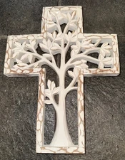 Beautiful White Distressed Cross With Tree Wall Decor
