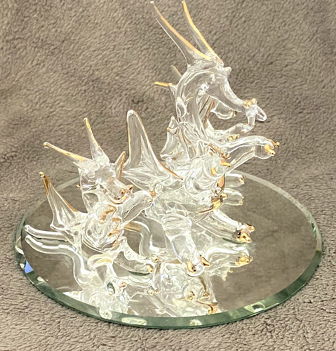 Dragon Clear Blown Glass Dragons w/ Gold Accents on Mirror Stand