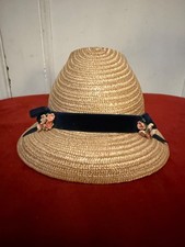 Vtg Childs 40s Straw Bonnet With White Flowers  A Blue Band