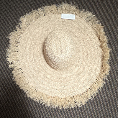Mar Y Sol Celine Handmade Straw Fringe Wide Brim Sun Hat Beige One Size