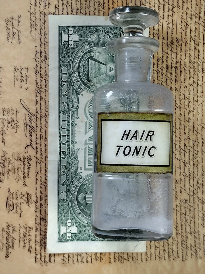 Antigua etiqueta debajo del vidrio botella peluquería tónico para el cabello de colección Foto 2 de 4