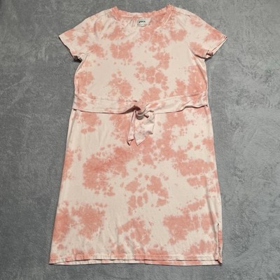 Pact Tie Dye Groovy Shirt Dress Tie Waist Organic Cotton Pink Orange Large L