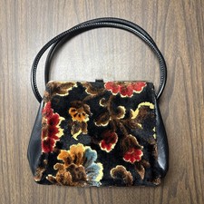 Vintage Florida Floral Flowers Black Purse Carpet Bag Floral Handbag Gold Clasp