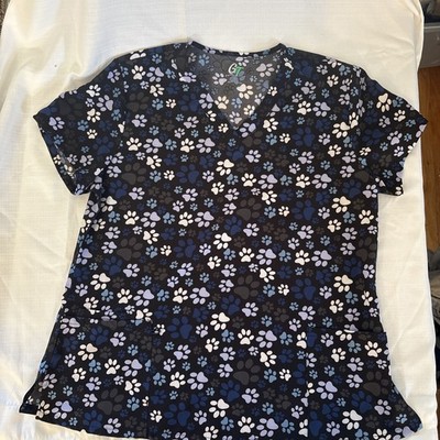   GT Performance Scrub Top Womens Size XL Paw Prints Blue White Black SS V-Neck