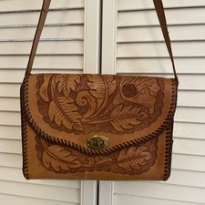 Vintage Hand Tooled Leather Bag Purse, 9 1/2 X 7