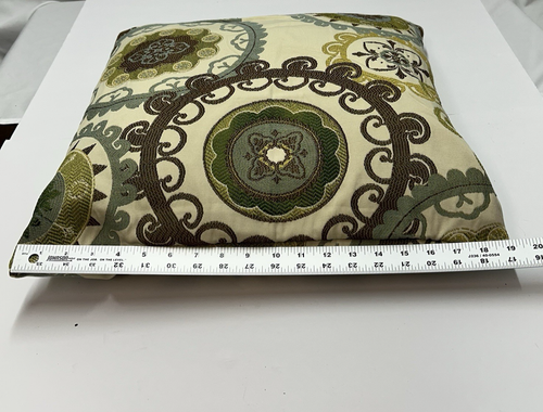 19" Large Embroidered Decorative Greens & Browns Patterned Sofa Throw Pillow EUC - Picture 8 of 9