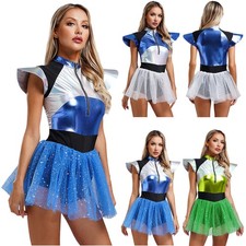 Women Space Cadet Costume Metallic Fly Sleeve Tulle Skirt Bodysuit Alien Outfits