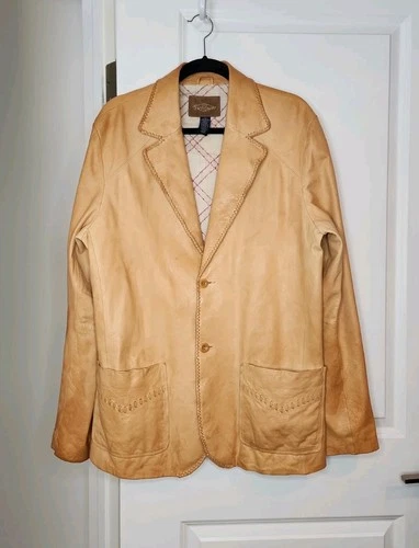 Vintage Earl Jeans Leather Blazer English Tan Men’s Sz L Whipstitch Pockets RARE - product listing photo