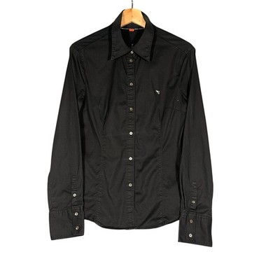 ESPRIT Button Down Shirt Women L Black Embroidered Back Graphic Y2K Indie Sleaze