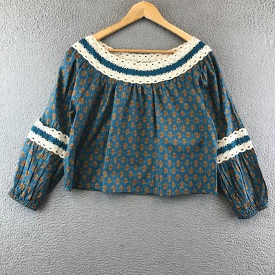 Luna Moon Teal Floral Print Long Sleeve Blouse with Crochet Trim Size M