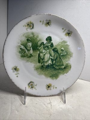 Vintage R & C Rosenthal France Green Transferware Plate 8  Girls with Flowers