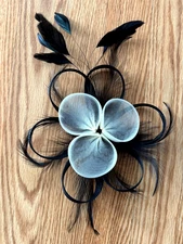 Vintage Fascinator Hat Black & White Feather  & Mesh w/Hair Clip