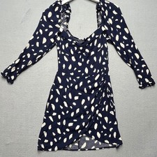 Reformation Cammi Navy Cream Polka Dot Puff Sleeve Mini Dress Size 6"