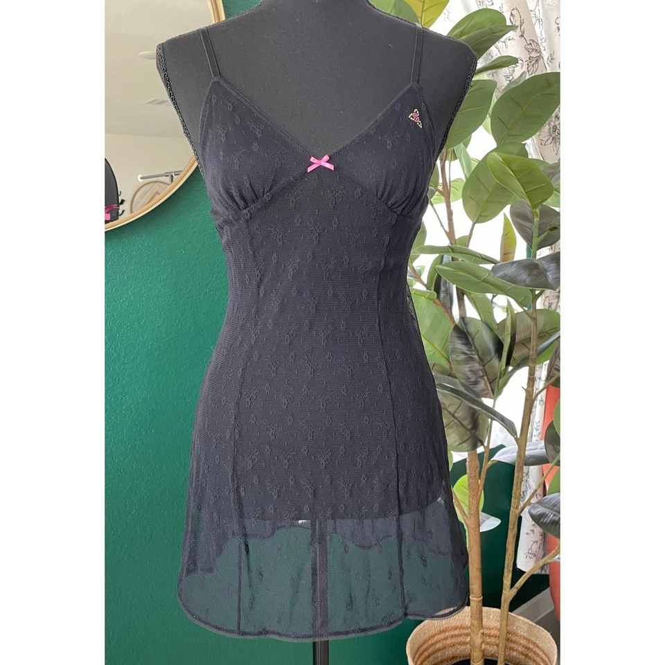 Betsey Johnson Sheer Lace Chemise Womens M Black Pink Bow Y2K Lingerie Romantic - Image 2 of 4