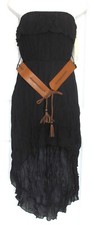 Black Sheer Uneven Hem Dress Crinkle BOHO Strapless Lined Belted S M L 