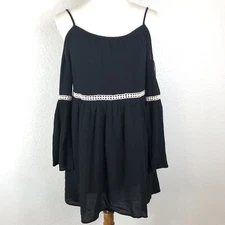Sage Women's Black Cold Shoulder Top Bell Sleeves Crochet Trim Lined Boho Sz S