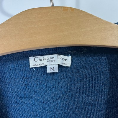 Vintage Christian Dior Embroidered Logo V Neck Knit Sweater Navy  
