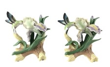 Pair Hand Painted Porcelain Hummingbird Iris Figurines Glossy Sculptures 6"
