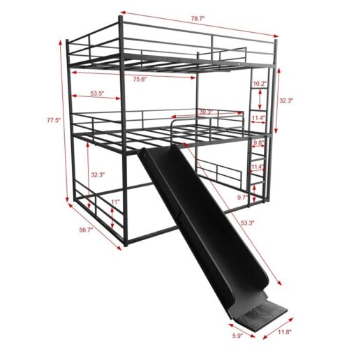 Full Size Loft Bed Metal Bunk House Bed With Slide and Ladder Bedroom Black - Picture 2 of 18