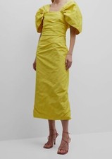 $5490 Oscar de la Renta Women's Yellow Silk Draped Puff-Sleeve Dress Size 8