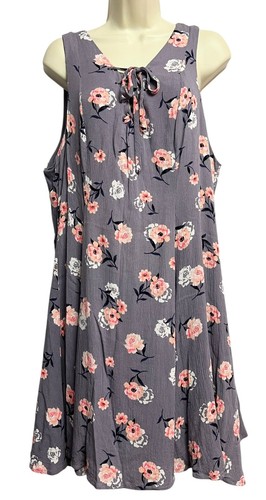 Torrid Size 2 Gray Purple Floral Sleeveless A-Line Swing Dress Tie Neck Lined - Picture 1 of 17