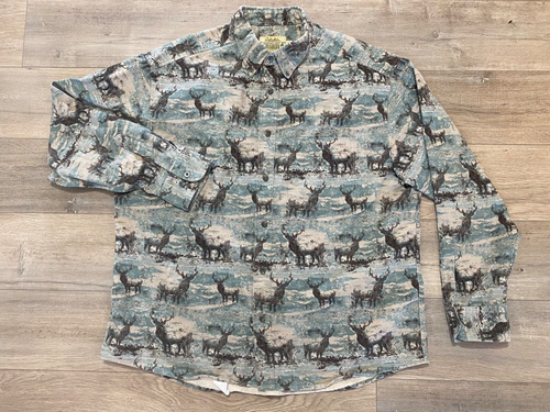 Cabelas Deerskin Soft Chamois Shirt Men XL Aztec Flannel Long Sleeve Elk Print