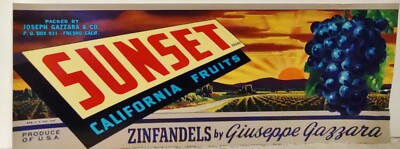 Vintage! MCM Produce Label SUNSET Zinfandel Grapes Fresno CA Wine Valley Decor