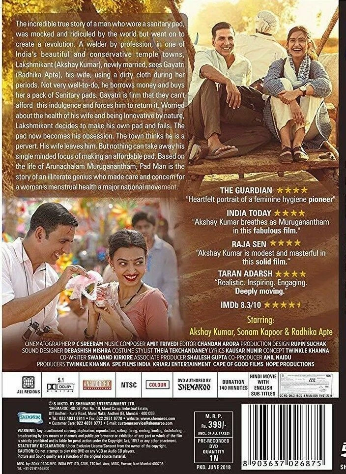 PAD MAN DVD PADMAN AKSHAY KUMAR Sonam Kapoor Radhika Apte